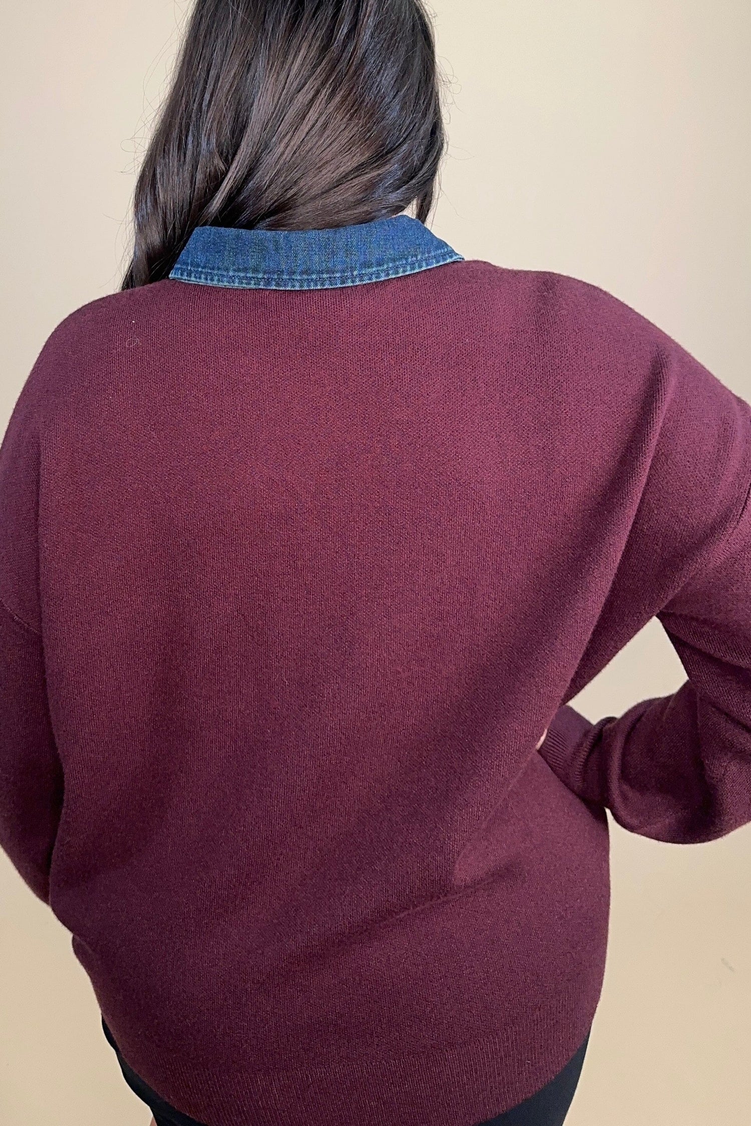 Long Sleeve Drop Shoulder Polo Sweater W/ Denim Shirt Collar And Placket MISSY TOP SPECIAL CHARLIEB 