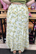 Woven Print Long Tiered Skirt w/Pleat Detail BOTTOMS SHE&SKY 