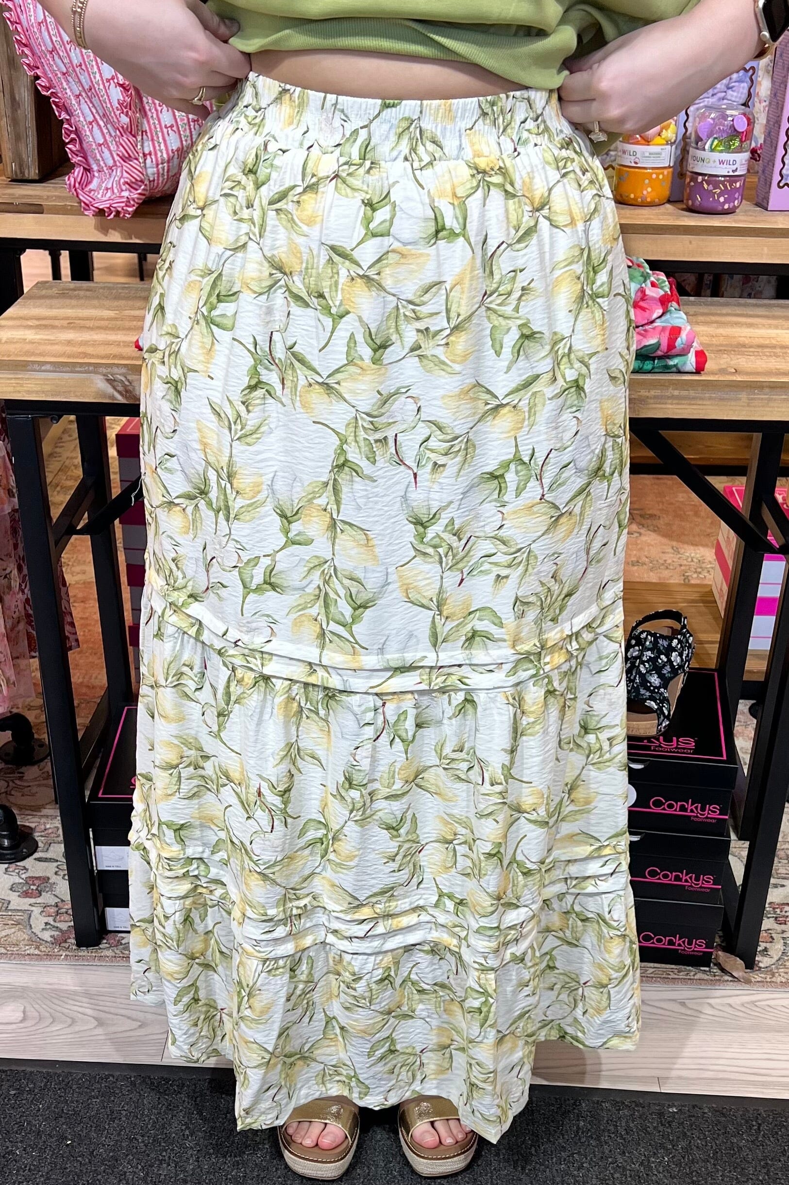 Woven Print Long Tiered Skirt w/Pleat Detail BOTTOMS SHE&amp;SKY 