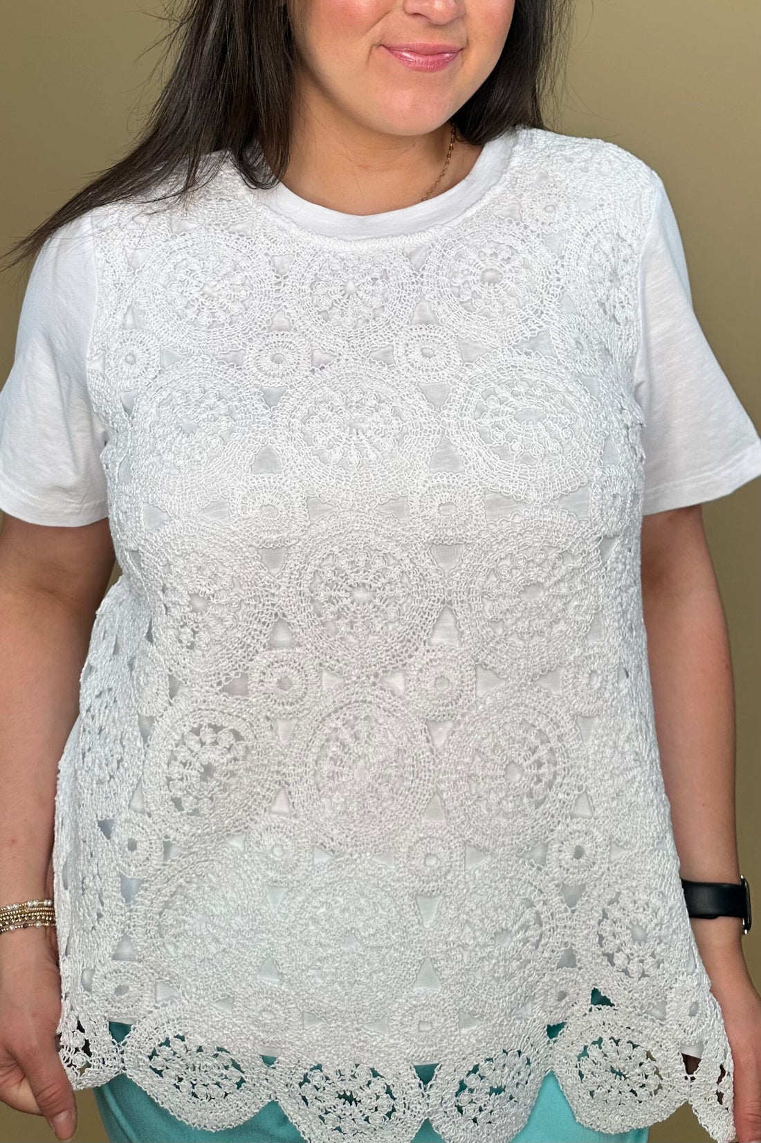 Short Sleeve Tee w/Crochet Front - White MISSY TOP SPECIAL ZAC &amp; RACHEL 