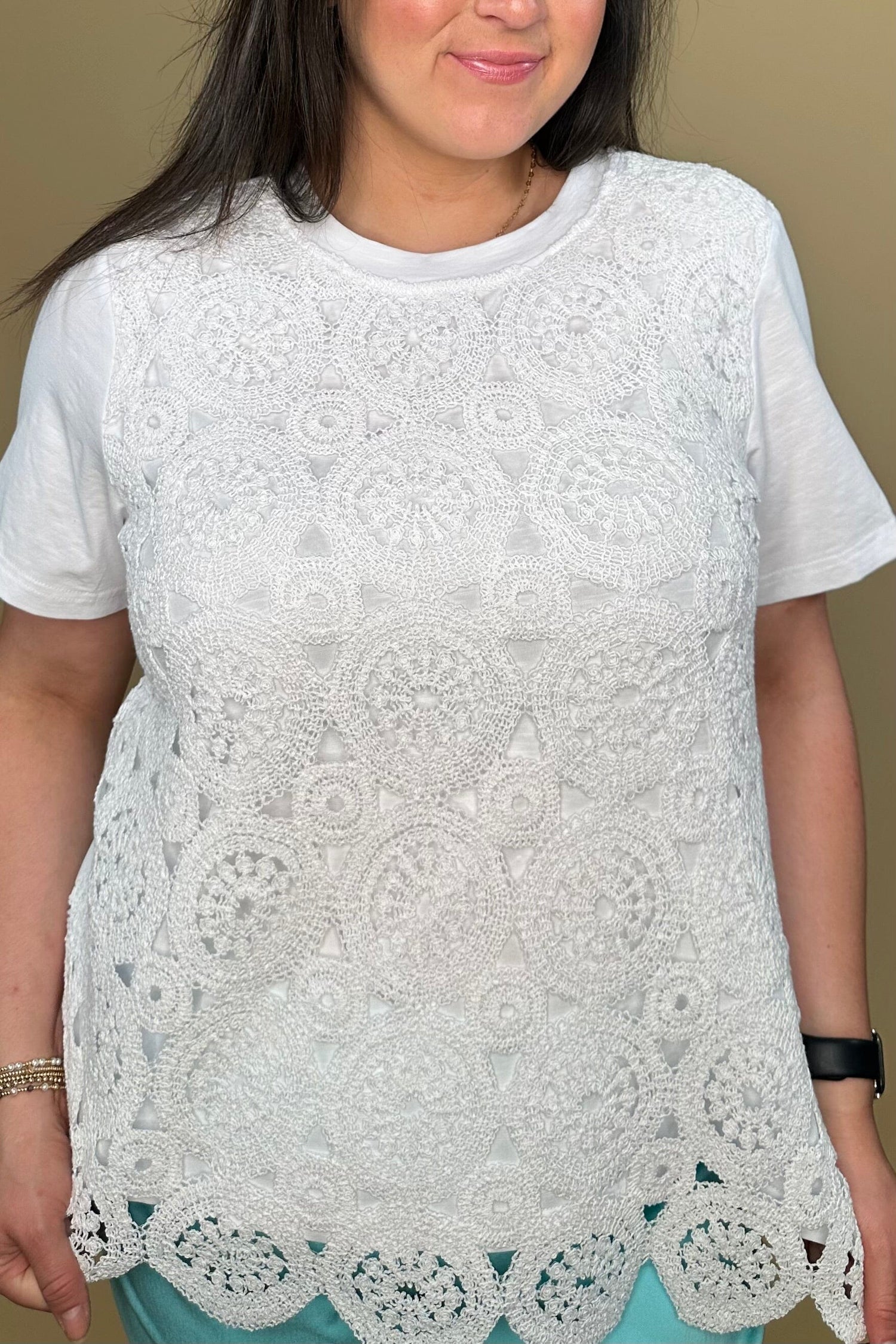 Short Sleeve Tee w/Crochet Front - White MISSY TOP SPECIAL ZAC &amp; RACHEL 