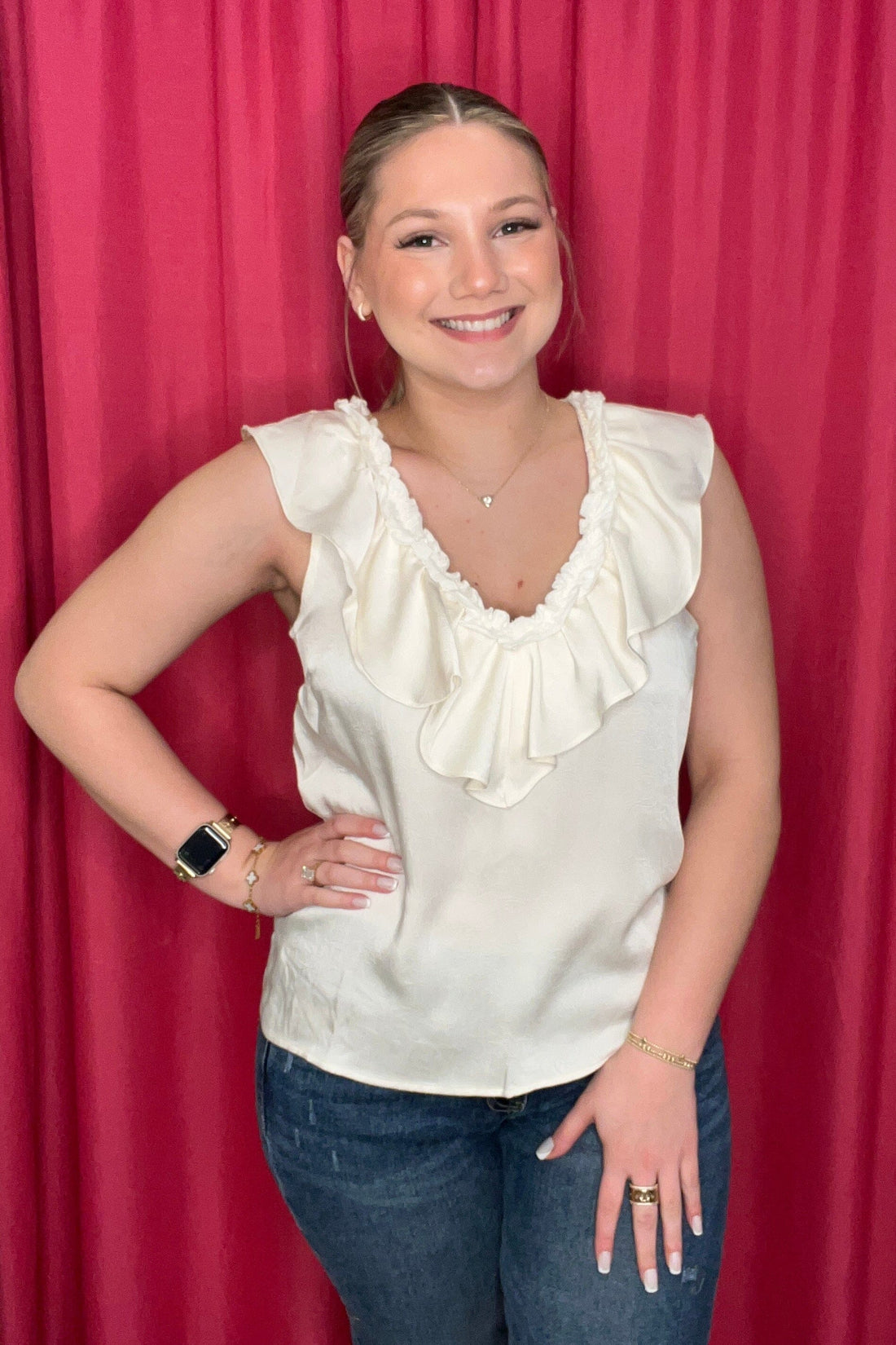 Ruffle Front Sleeveless Woven Knit Top MISSY TOP SPECIAL LIVERPOOL FRENCHVANILLA XS