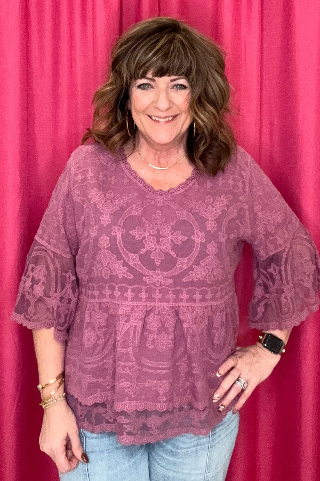 3/4 Bell Sleeve Scoop Neck Double Flounce Peplum Embroidered Top MISSY TOP SPECIAL DEMOCRACY