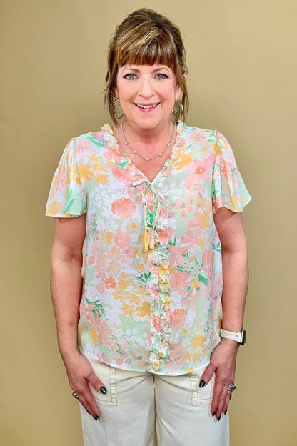 Printed Short Flutter Sleeve w/Ruffle Neck Line MISSY TOP SPECIAL ZAC &amp; RACHEL 