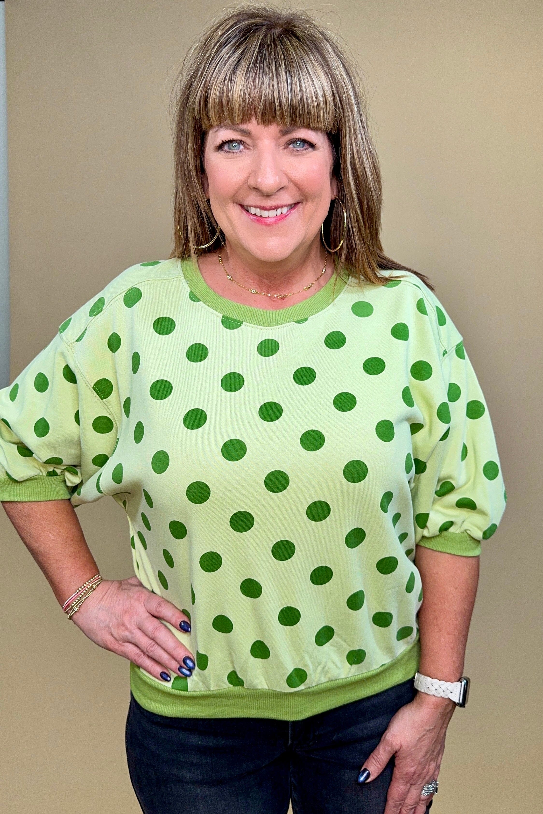 Round Neck Bubble Sleeve Polka Dot Sweatshirt JRTOP CASUAL TOP GLAM 