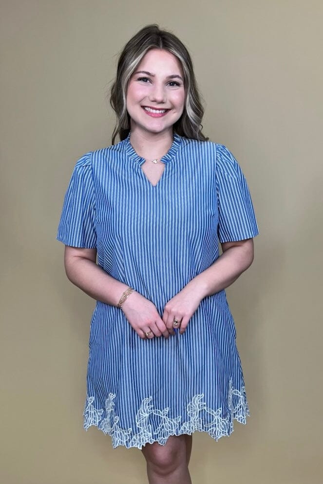 Short Sleeve Woven Striped Embroidered Hem Mini Dress w/Pockets DRESS SHE&amp;SKY 