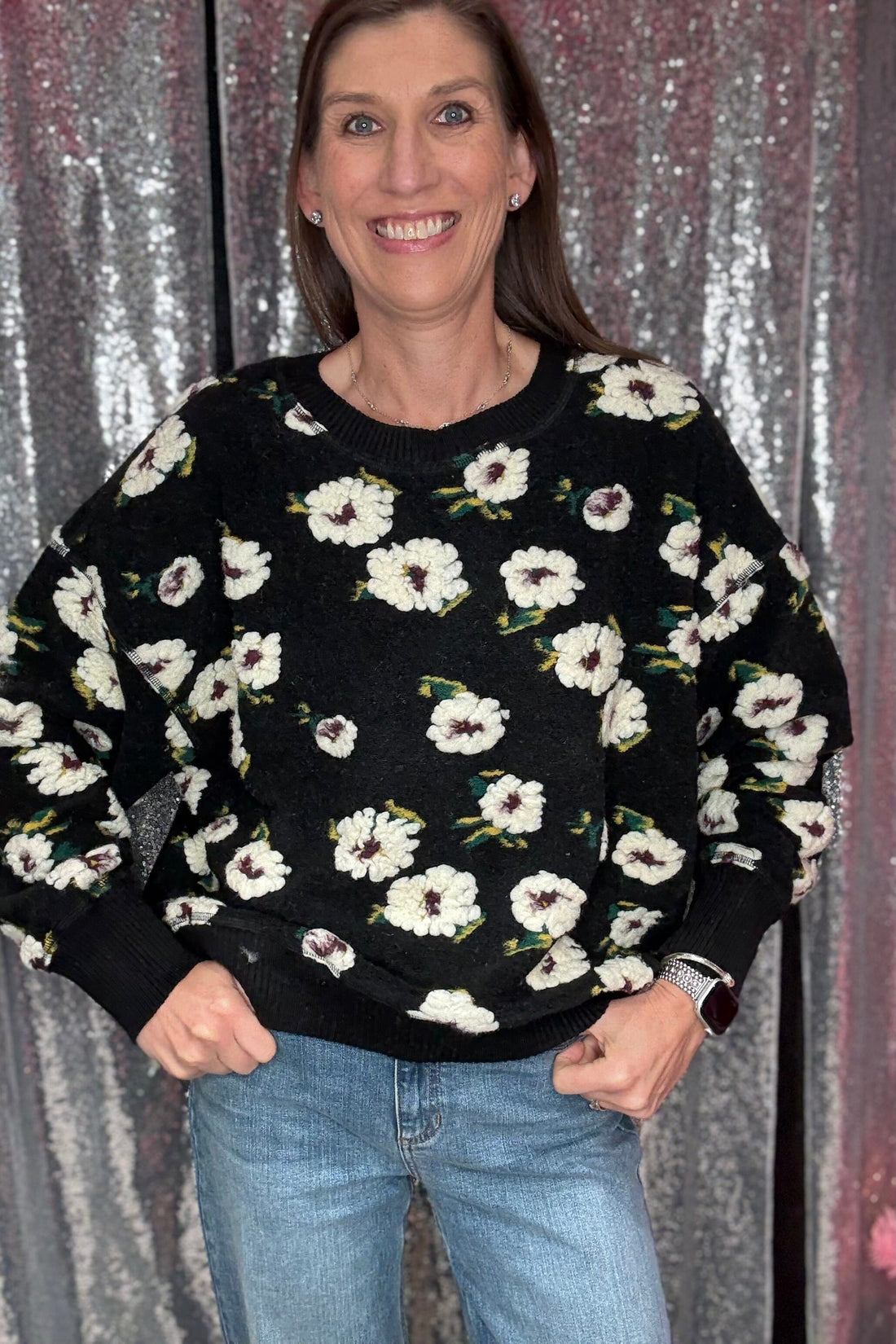 Long Sleeve Sweater w/3D Flowers JRTOP CASUAL TOP EASEL 