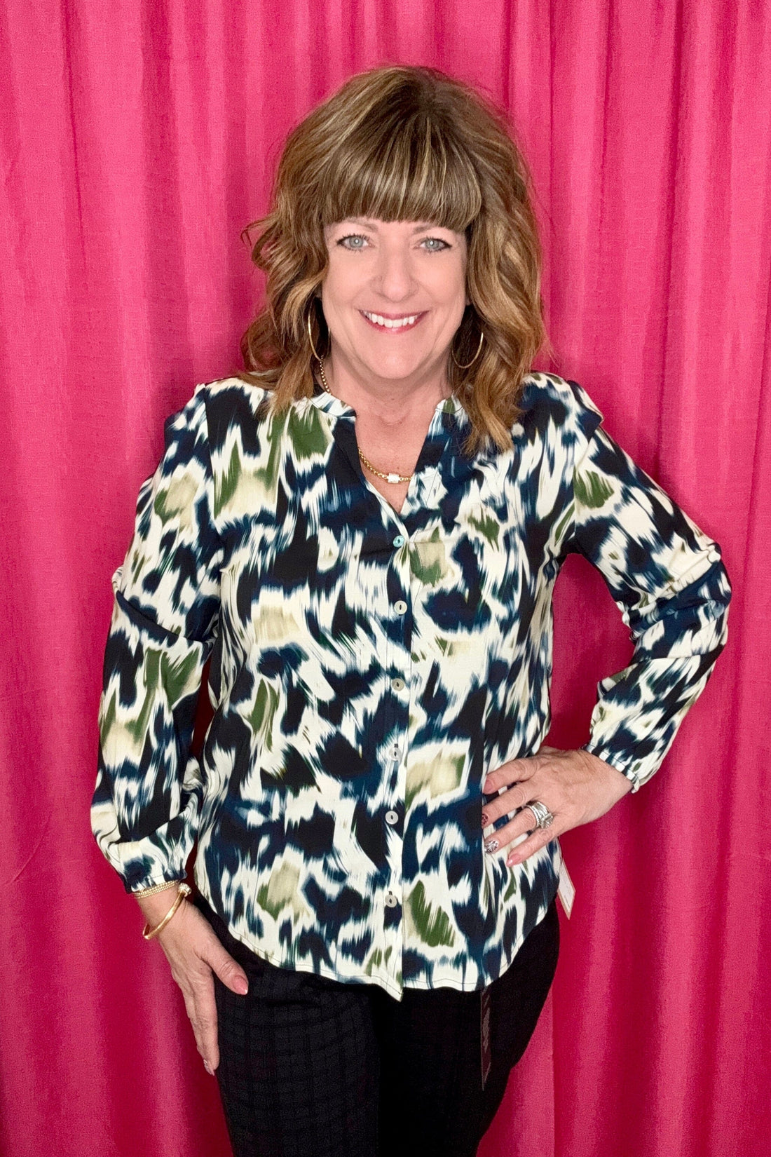 Long Sleeve Button Front Shirred Blouse MISSY TOP SPECIAL LIVERPOOL