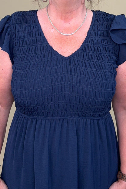 Flutter Sleeve V Neck Smocked Midi Dress DRESS BLUPEPPER 