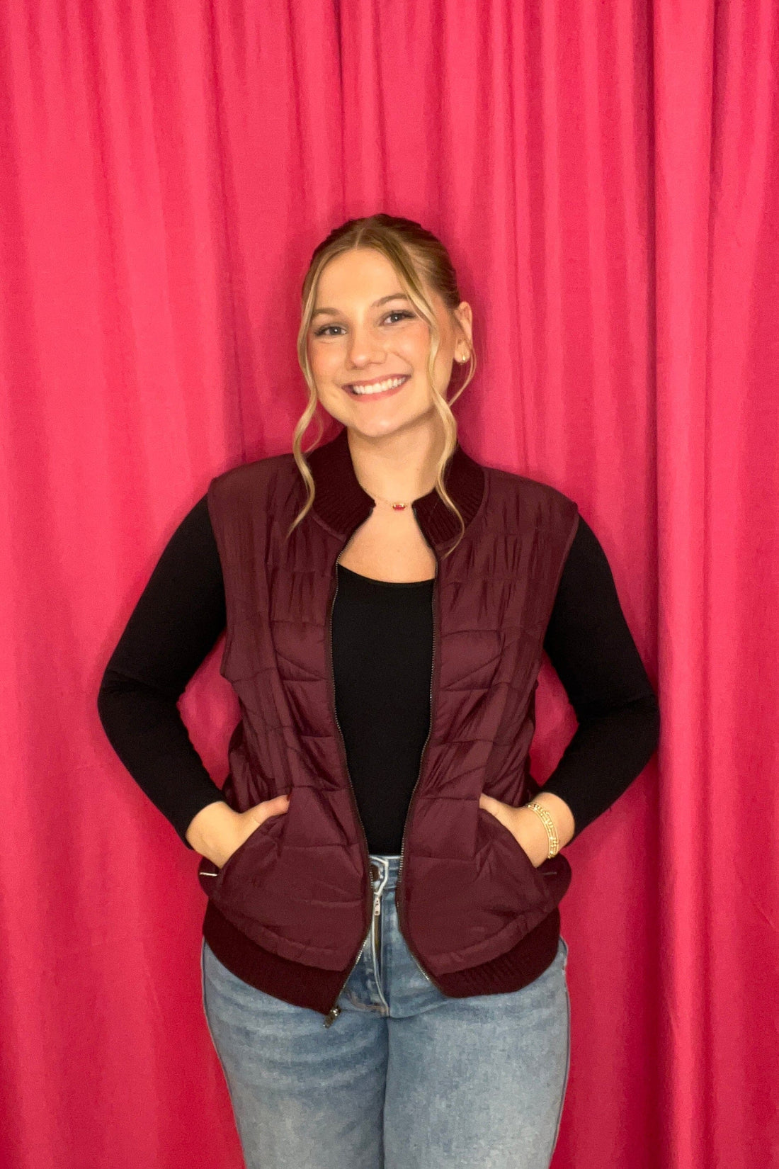 Sleeveless Quilted Front Full Zip Vest OUTFIT COMPLETER LIVERPOOL WINE XS