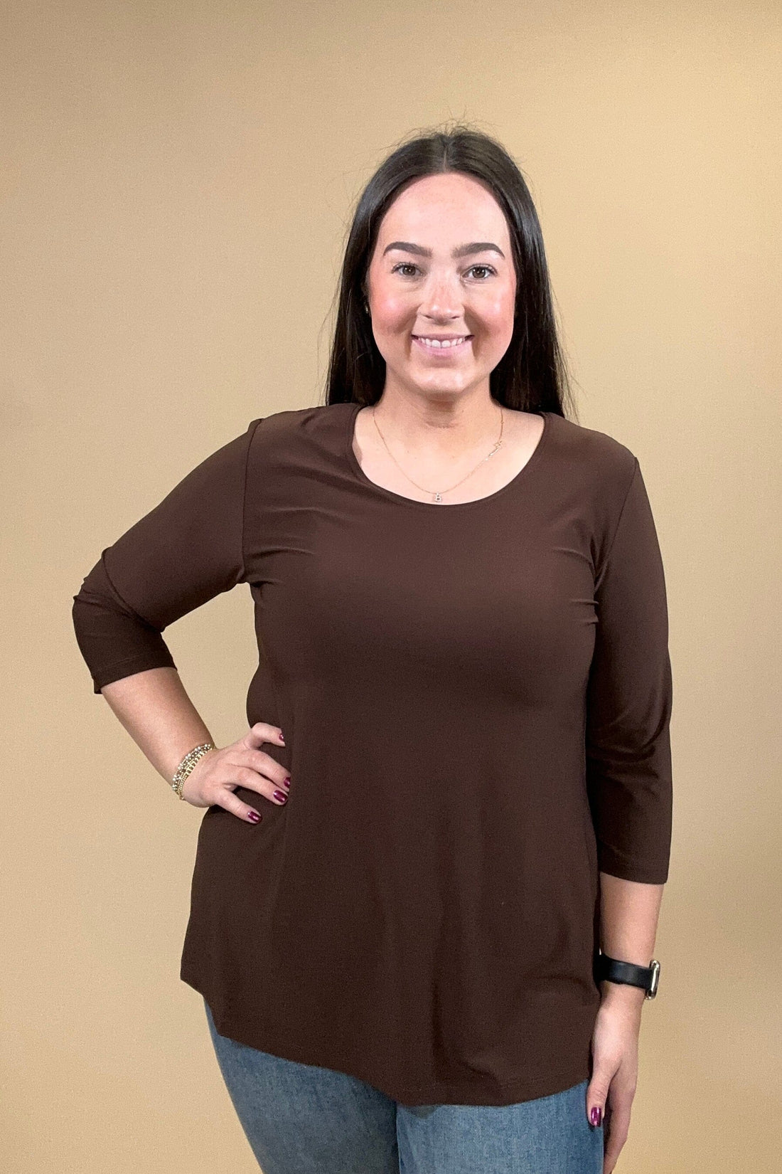 3/4 Sleeve Scoop Neck Top Brown MISSY BASIC KNIT CREATION