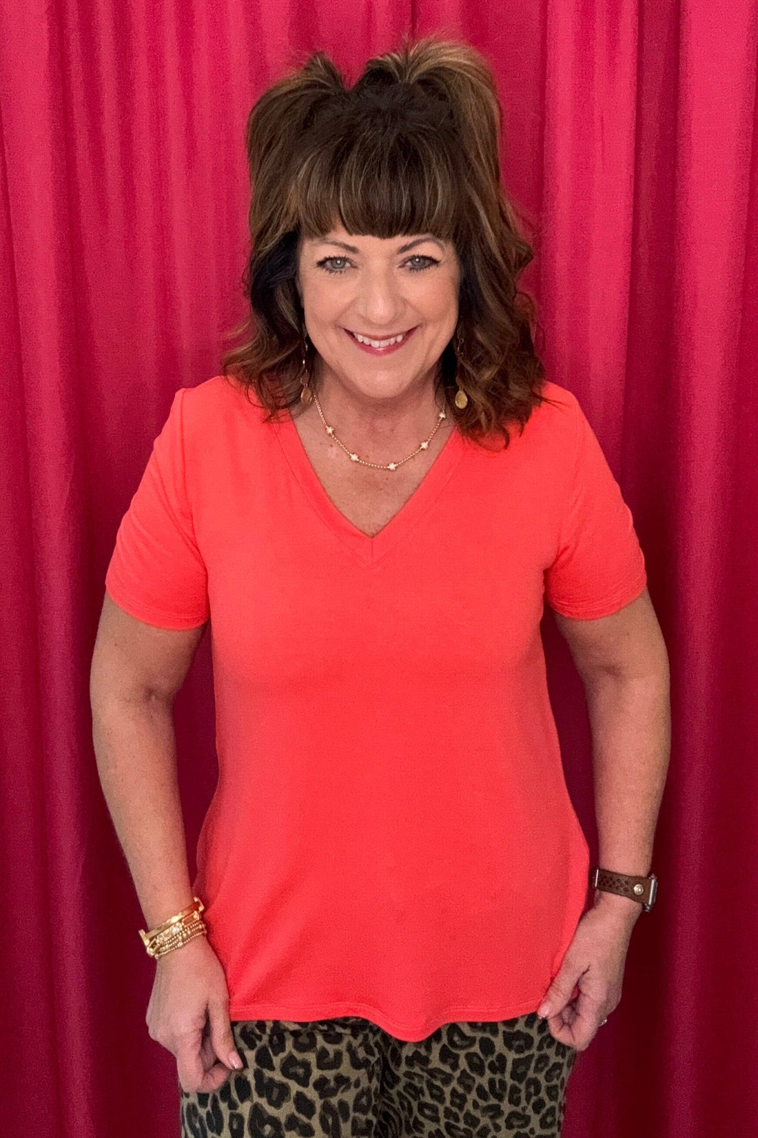 Short Sleeve V-Neck Knit Tee MISSY BASIC KNIT LIVERPOOL SUNSETCORAL XS 