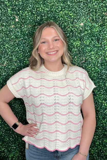 Drop Shoulder Sleeve Scallop Striped Pattern Knit Sweater JRTOP CASUAL TOP SHE&amp;SKY 