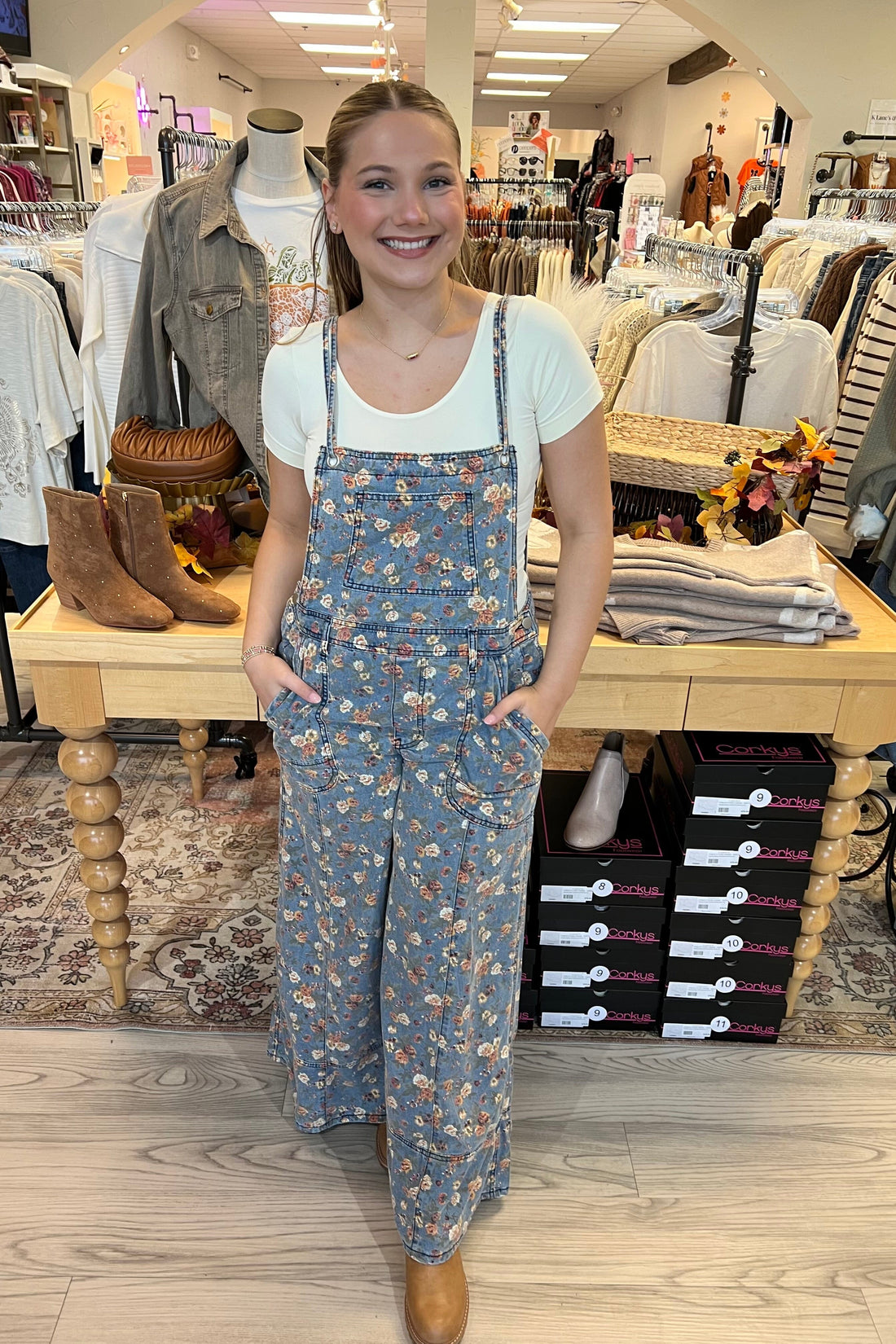 Spaghetti Strap Flower Print Denim Romper DRESS BLUEVELVET