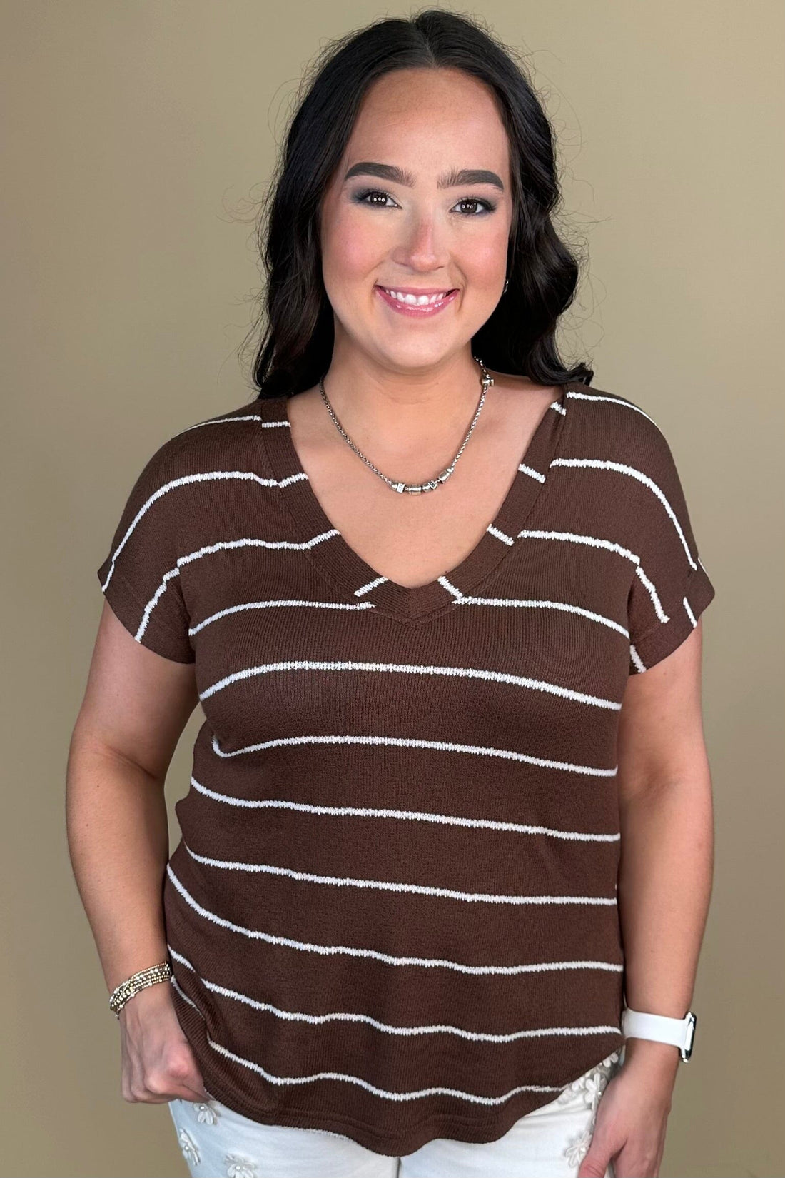 Striped V Neck Cuff Sleeve Top - Chocolate JRTOP CASUAL TOP:~~Unassigned~~ BLUPEPPER 