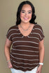 Striped V Neck Cuff Sleeve Top - Chocolate JRTOP CASUAL TOP:~~Unassigned~~ BLUPEPPER 