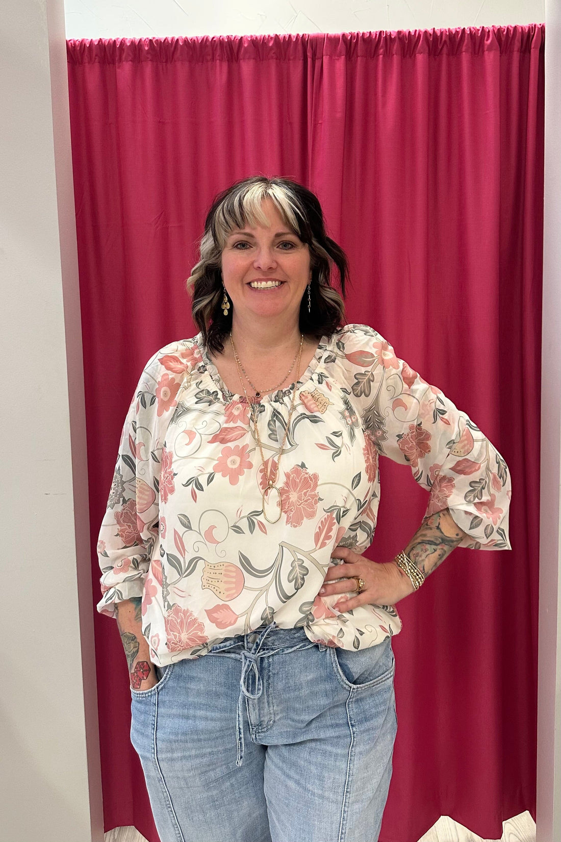 Printed Long Raglan Balloon Sleeve Off Shoulder Blouse MISSY TOP SPECIAL CHARLIEB 