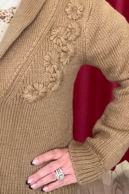 Long Sleeve Shawl Collar Button Down Cardigan w/Floral Embroidery OUTFIT COMPLETER DEMOCRACY 