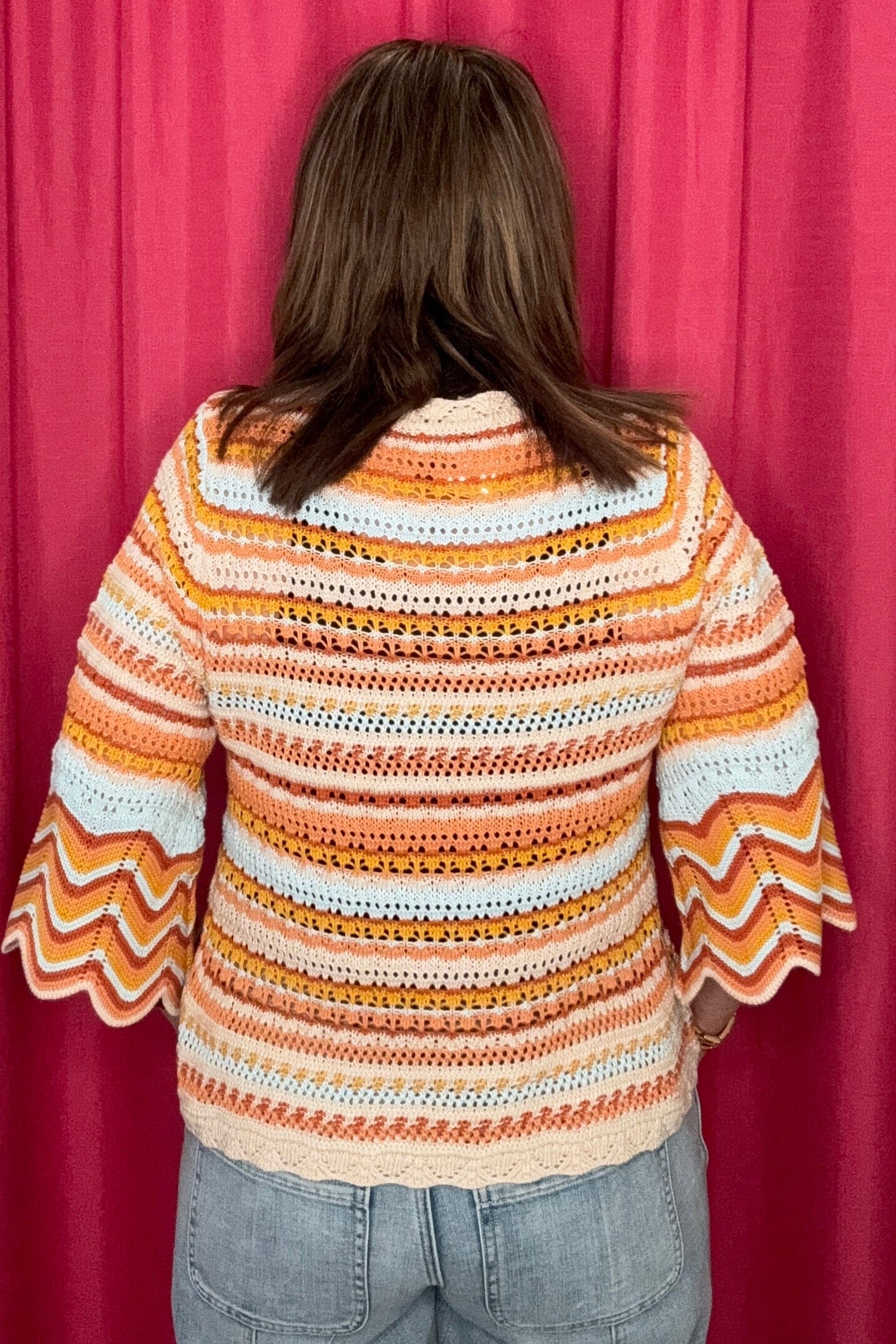 3/4 Bell Sleeve Round Neck Multi Color Crochet Stripe Sweater MISSY TOP SPECIAL DEMOCRACY 