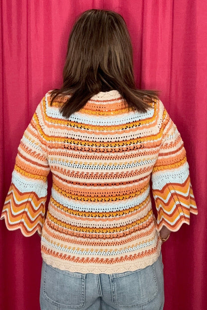 3/4 Bell Sleeve Round Neck Multi Color Crochet Stripe Sweater MISSY TOP SPECIAL DEMOCRACY 