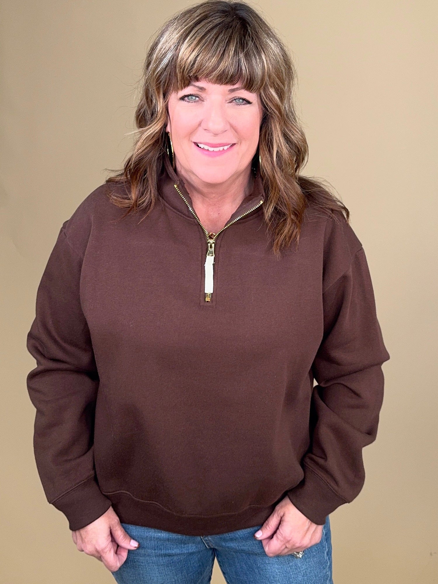 Fleece Half Zip Sweatshirt JRTOP CASUAL TOP ZENANA CHOCOLATE S 