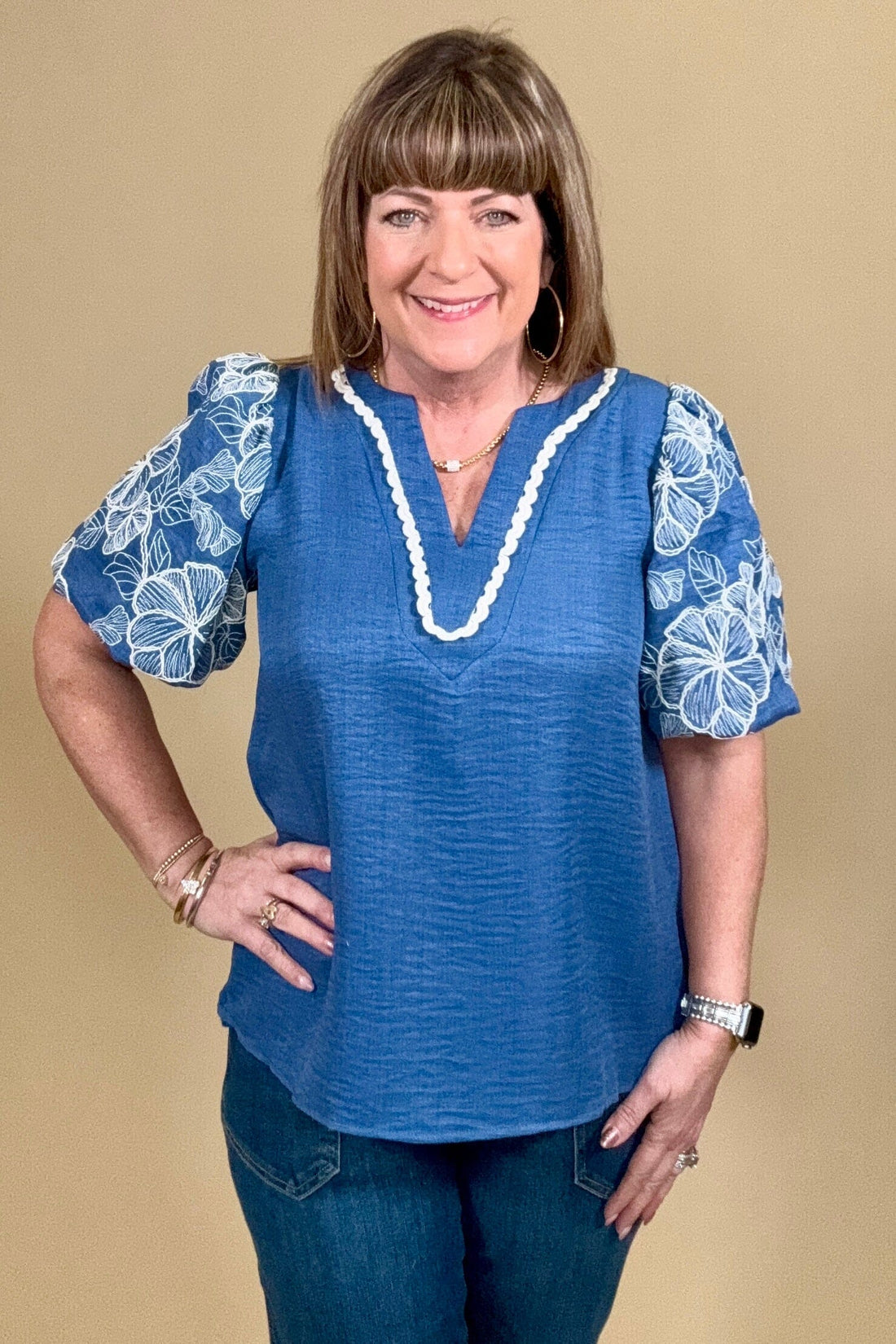 Short Embroidered Puff Sleeve Top w/Neck Trim JR TOP DRESSY SHE&amp;SKY 