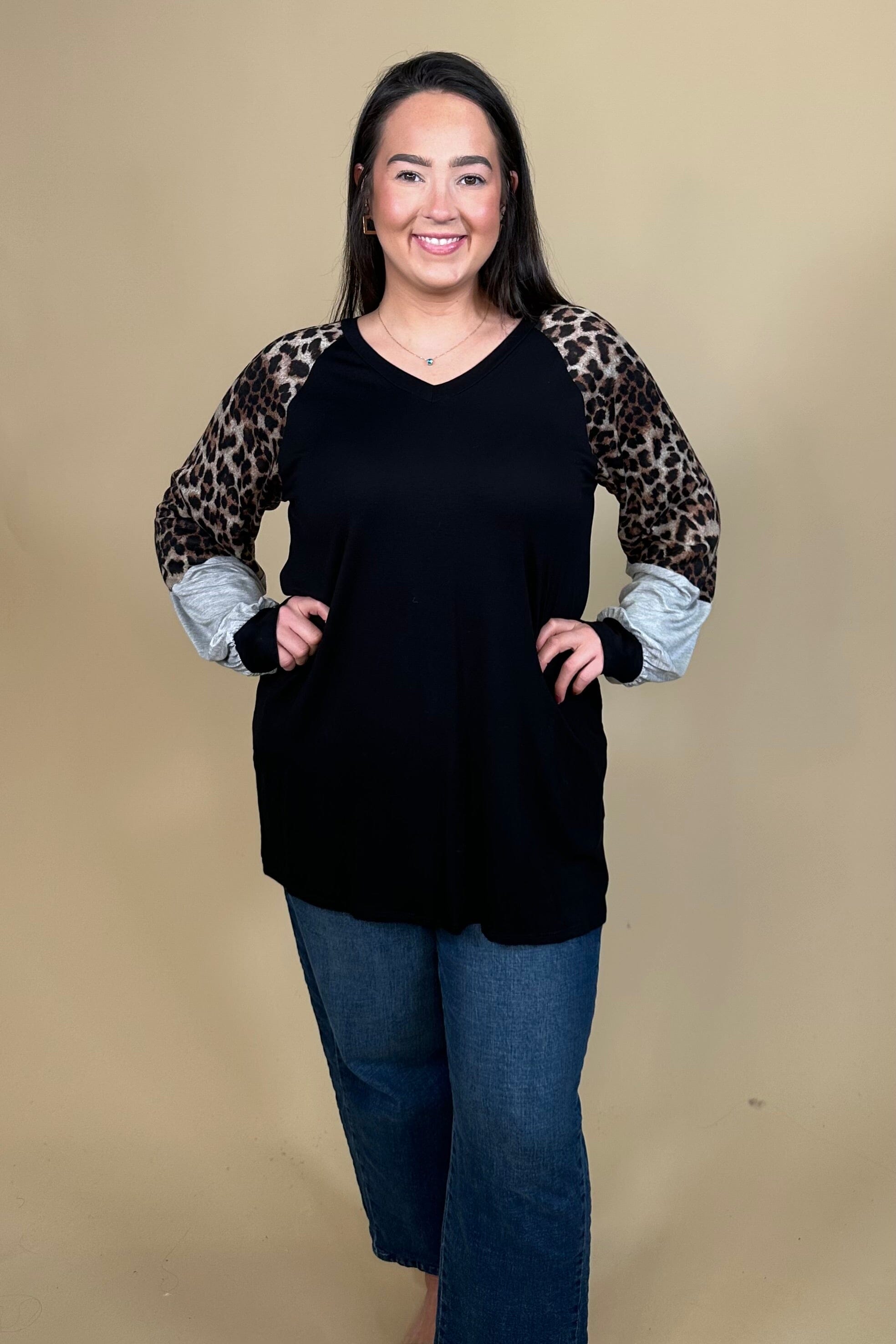 Long Sleeve Animal Print Colorblock V-Neck Tunic JR TOP DRESSY WHOLESALE FASHION TRENDS 