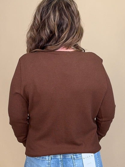 Brushed Waffle Knit Henley Long Sleeve Top - Chocolate MISSY BASIC KNIT:~~Unassigned~~ TRIBAL 