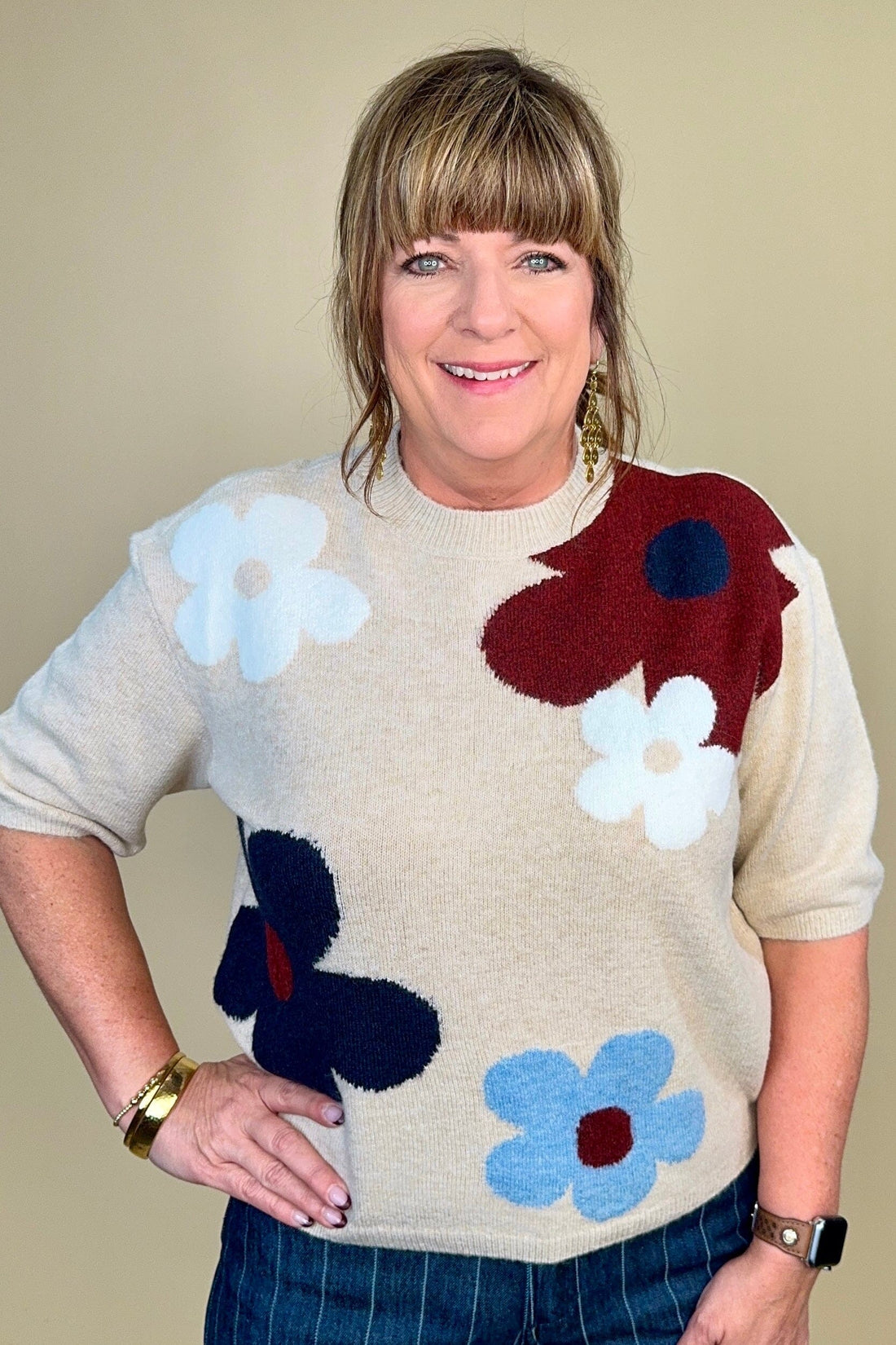 Elbow Sleeve Balloon Shape Jacquard Sweater MISSY TOP SPECIAL CHARLIEB