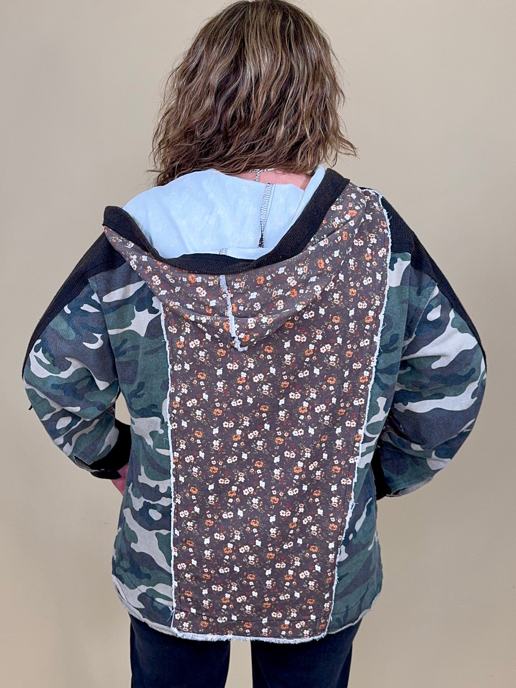 Long Sleeve Hoodie w/ Patchwork Floral &amp; Camo JRTOP CASUAL TOP POL CLOTHING 