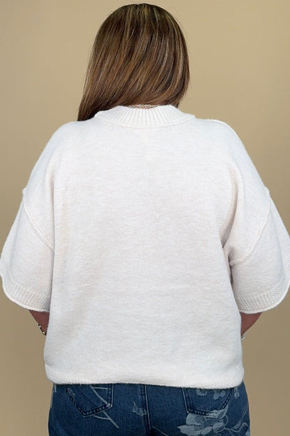 Lofty Elbow Sleeve Crew Neck Cream Sweater MISSY TOP SPECIAL TRIBAL 