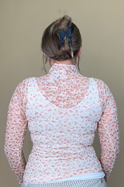 Long Sleeve Floral Lace Mesh - Cream/Pink MISSY BASIC KNIT VERYJ 