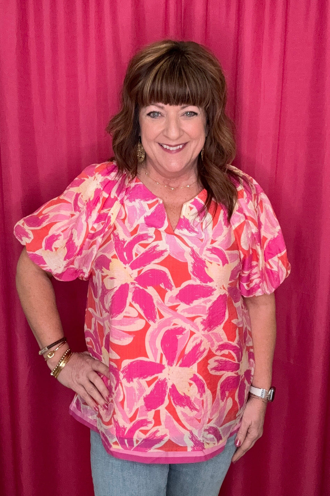 Floral Print Split Neck Balloon Sleeve Top JR TOP DRESSY UMGEE 