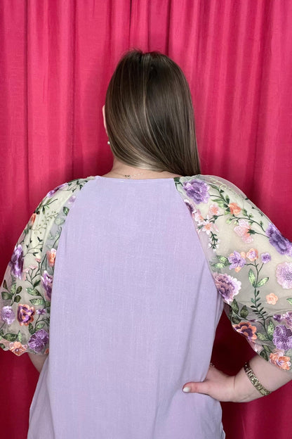 Linen Round Neck Boxy Cut Top w/Floral Embroidery Puff Sleeve JR TOP DRESSY UMGEE 