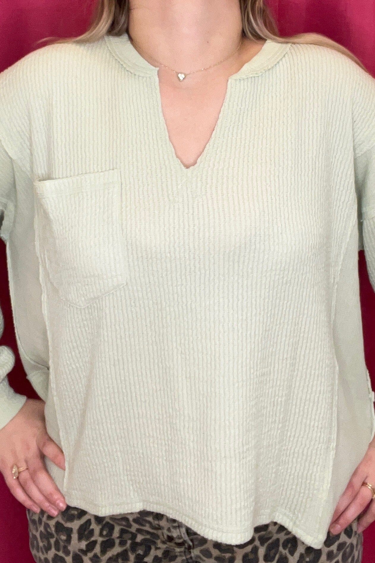 Split Neck Raw Edge Long Sleeve Ribbed Knit Top JRTOP CASUAL TOP BLUPEPPER 