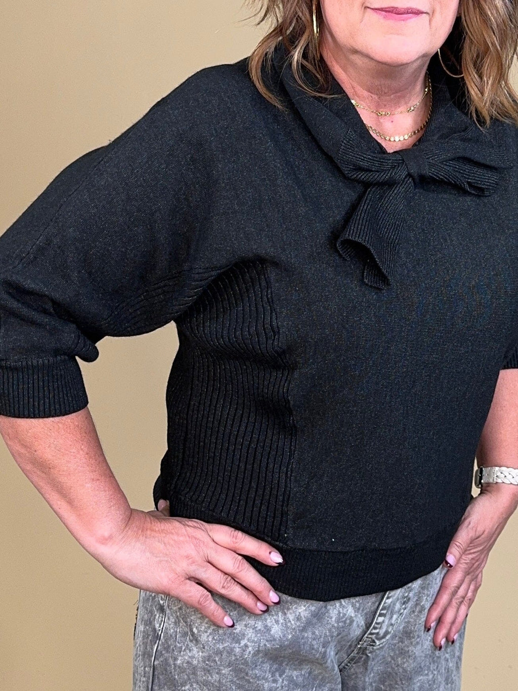 3/4 Sleeve Tie Neck Sweater MISSY TOP SPECIAL:~~Unassigned~~ DEMOCRACY 