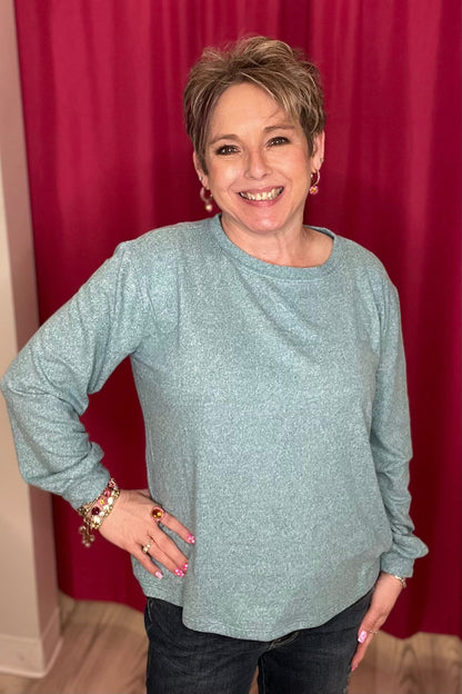 Melange Hacci Round Neck Long Sleeve Soft Top JRTOP CASUAL TOP ZENANA TEAL L 