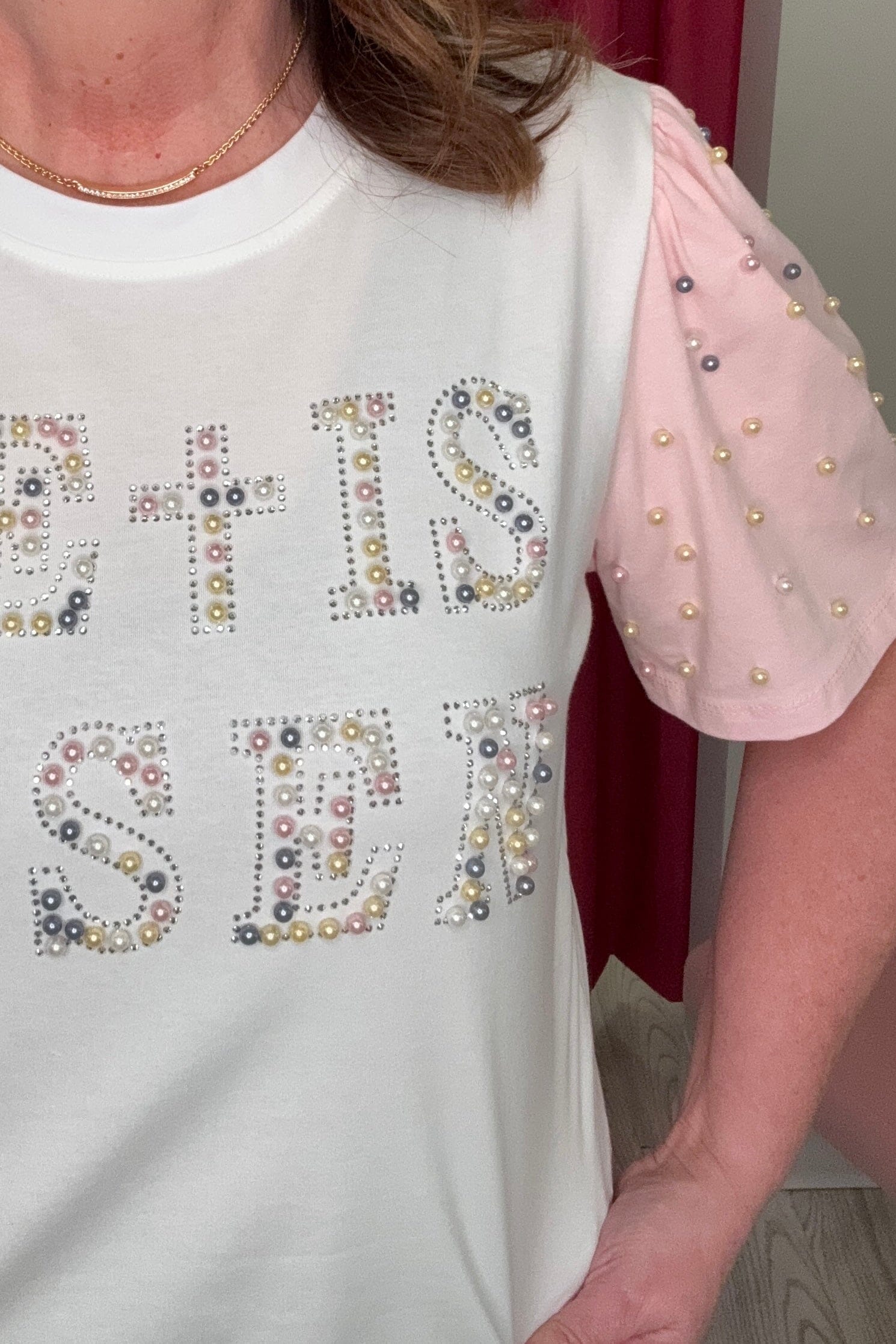 He Is Risen Pearl Studs Princess T-Shirt JRTOP CASUAL TOP SOUTHERN GRACE 