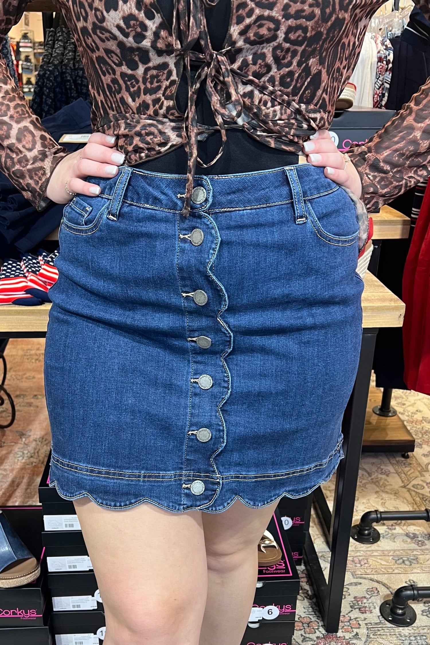 Scalloped Hem Button Front Denim Skort BOTTOMS CHARLIEB 