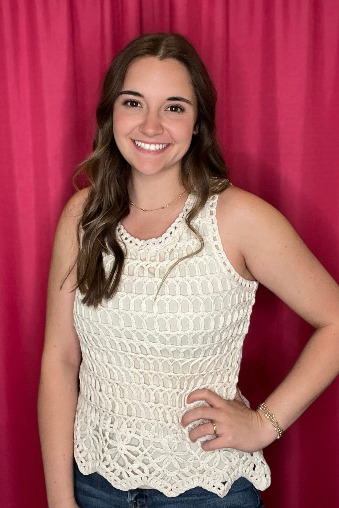 Lined Crochet Tank w/Scalloped Edge MISSY TOP SPECIAL KEREN HART KHK S 