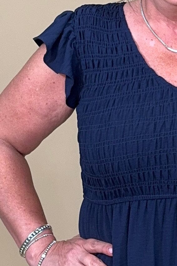 Flutter Sleeve V Neck Smocked Midi Dress DRESS BLUPEPPER 