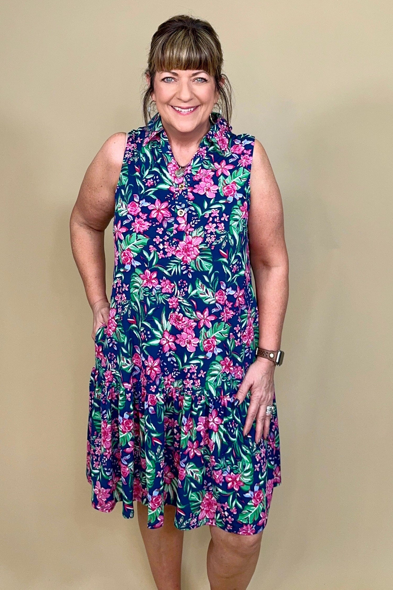 Split Neck Tiered Tank Dress w/Collar DRESS DEAR SCARLETT 