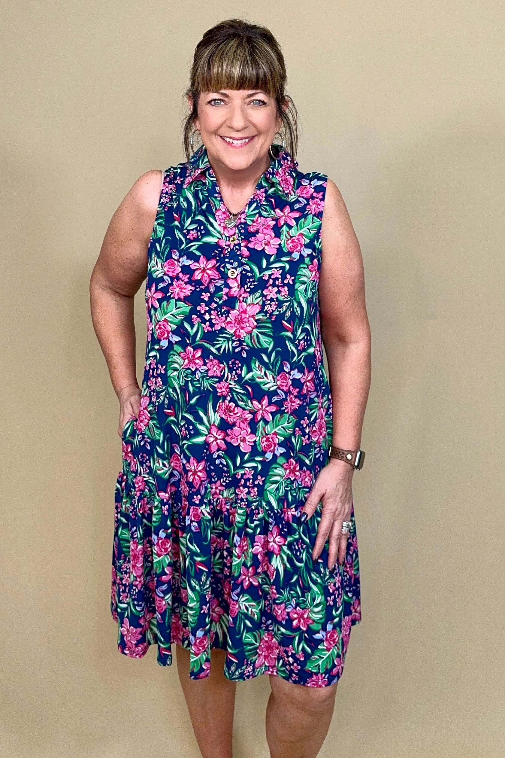 Split Neck Tiered Tank Dress w/Collar DRESS DEAR SCARLETT 