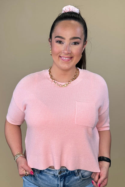 Short Sleeve Cropped Sweater w/Pocket JRTOP CASUAL TOP DREAMERS 