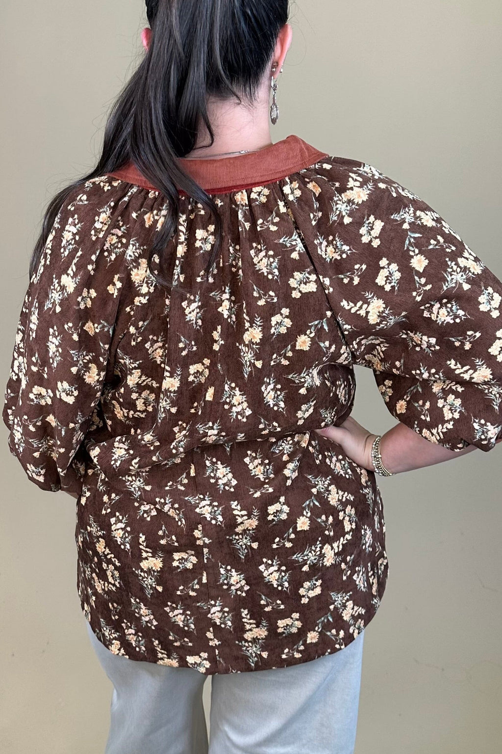 Floral Print Puff Sleeve Half Zip Top JR TOP DRESSY:~~Unassigned~~ UMGEE 