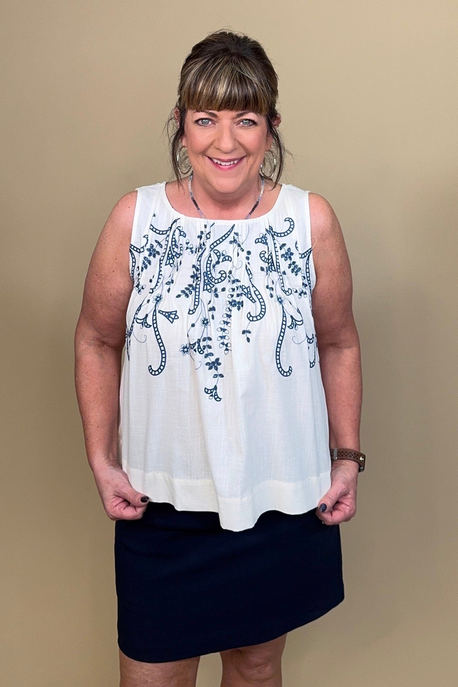 Sleeveless Boat Neck Woven Top w/Pintucks MISSY TOP SPECIAL LIVERPOOL 