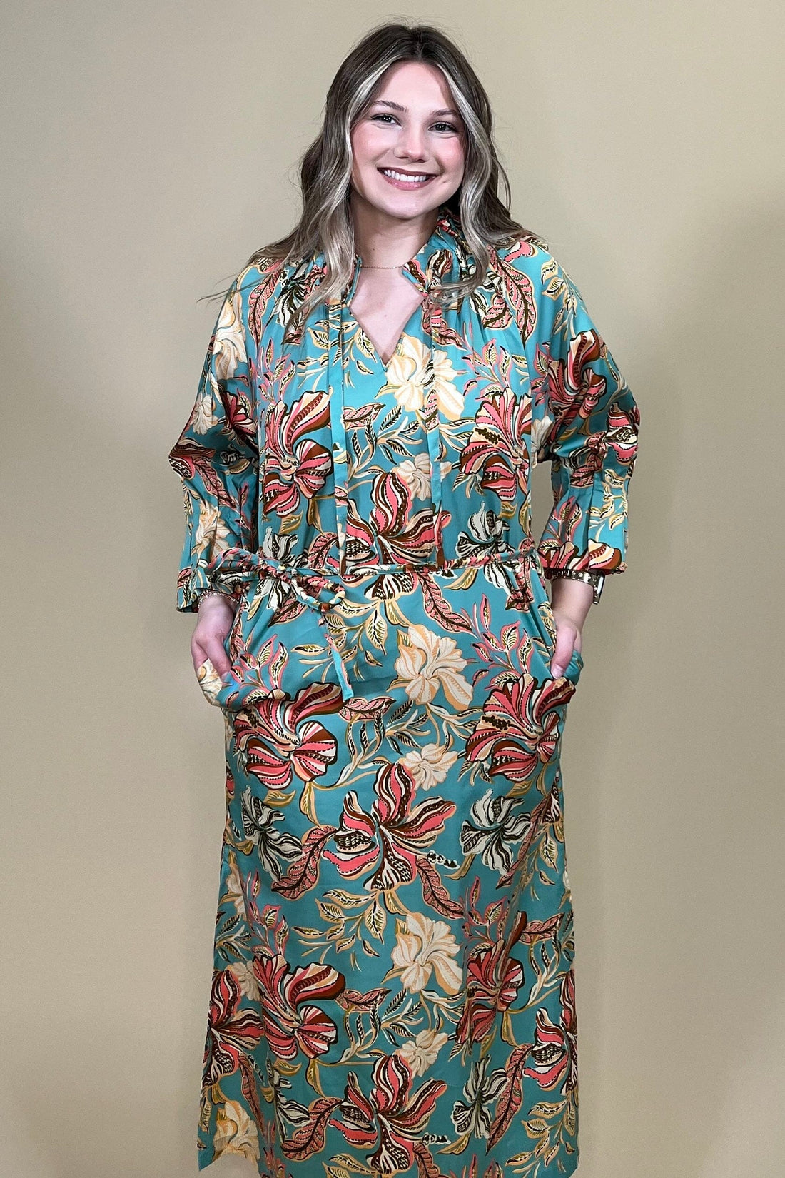 Printed 3/4 Sleeve Grosgrain Ruched Neck Dress DRESS DEMOCRACY