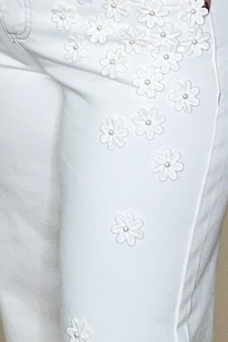 White Mid Rise Crop Flower Detail Pants BOTTOMS RISEN 
