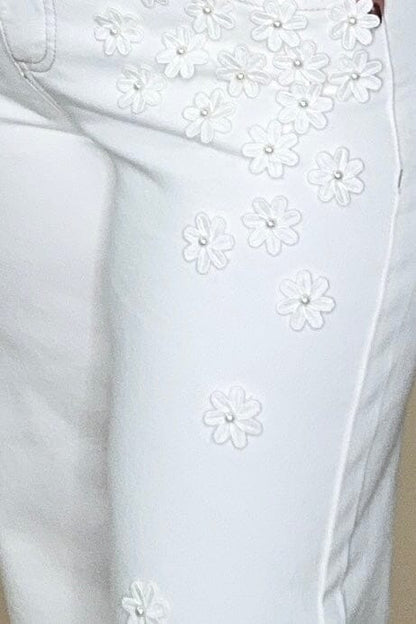 White Mid Rise Crop Flower Detail Pants BOTTOMS RISEN 