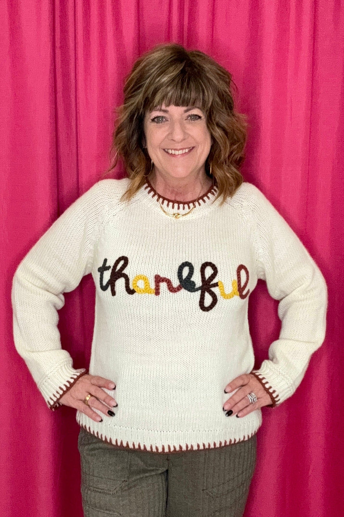 Thankful Lettering Thanksgiving Sweater w/Blanket Stitch JRTOP CASUAL TOP SO ME 